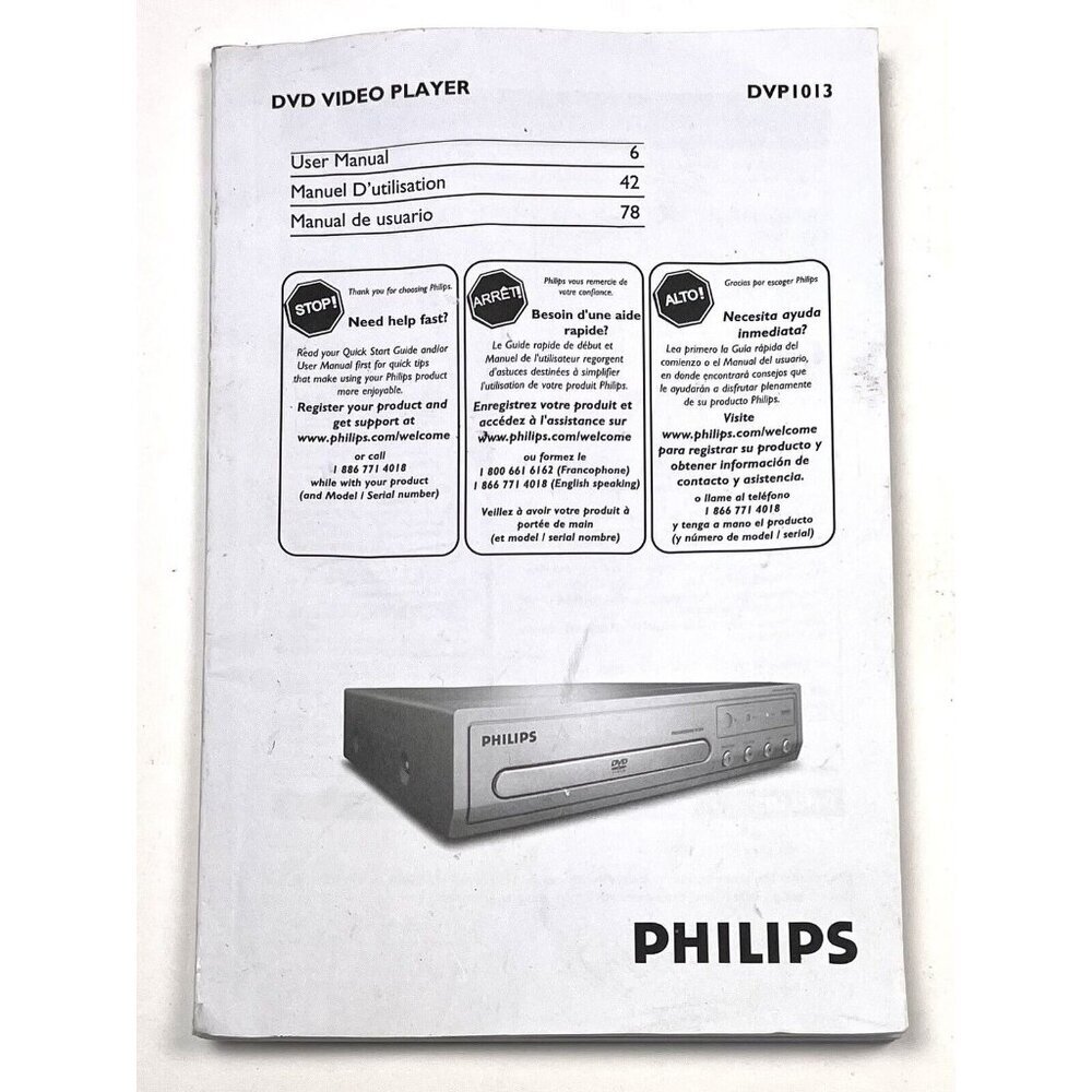 2008 PHILIPS DVD Video Player DVP1013 Owner's Instruction USER MANUAL Book ONLY